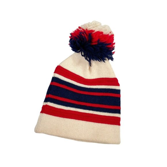 Vintage Ossi Striped Ski Snow Beanie 100% Worsted Wool Warm Knit- Pom Pom - Picture 1 of 5